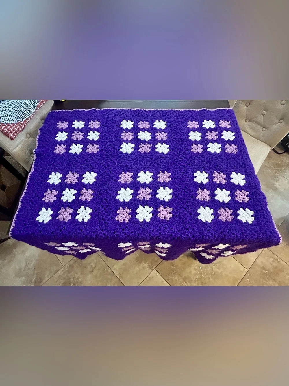 Granny Square Afghan Blanket Handmade Lavender Purple Yarn 44” X 44”